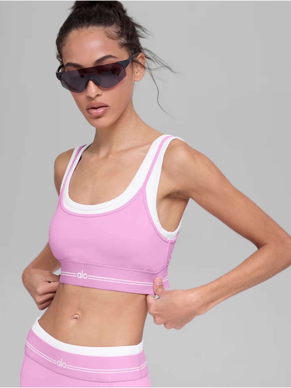 ALO Yoga Pink and White Crop Sports Bra